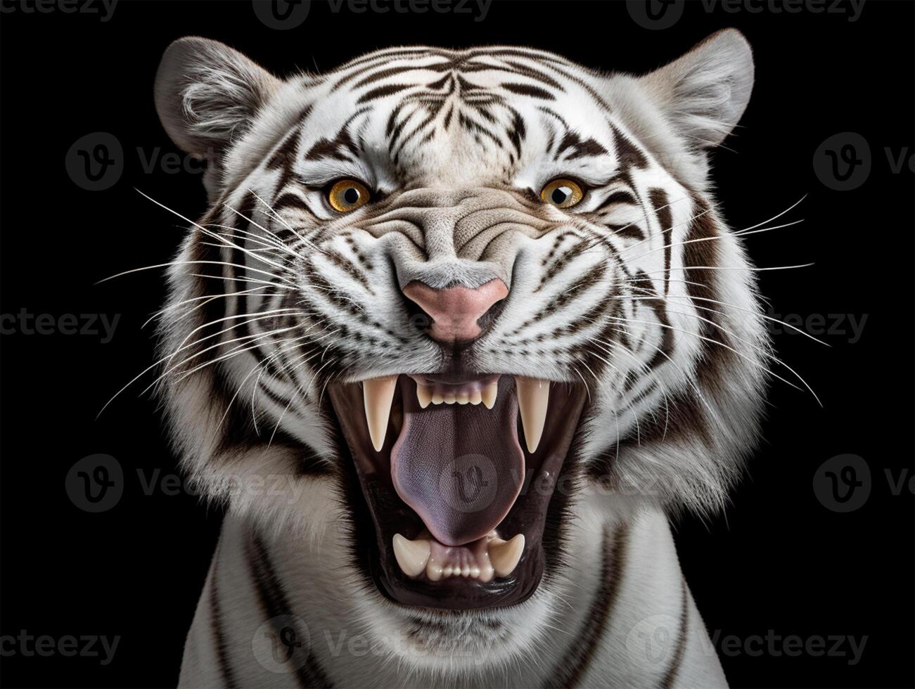 Detailed portrait of a roaring white tiger face, isolated on black background. photo