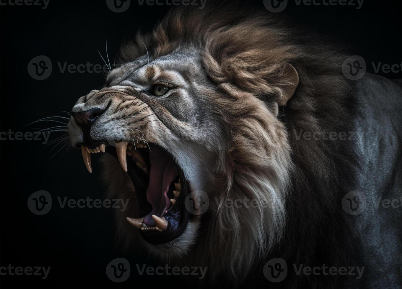 Detailed portrait of a roaring lion's face, isolated black background, photo