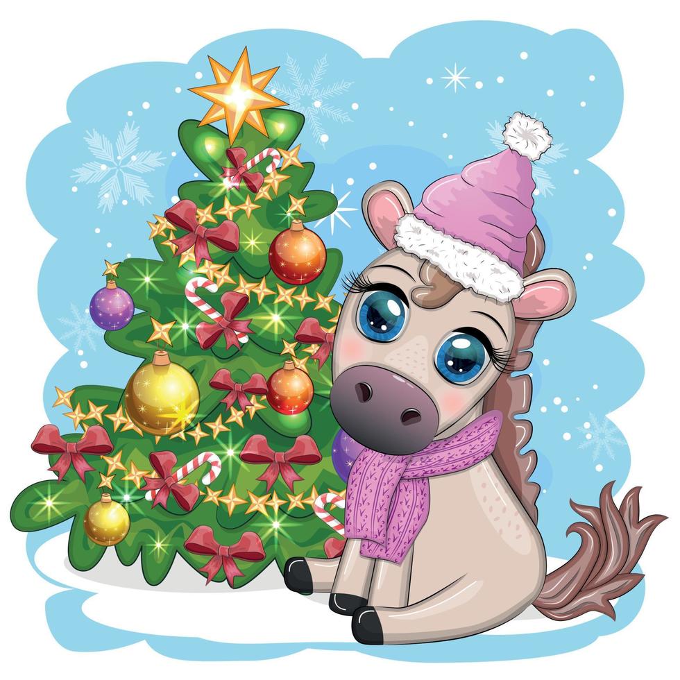 linda caballo, poni en de santa sombrero con caramelo Kane, Navidad pelota, regalo, hielo Patinaje. invierno es viniendo vector