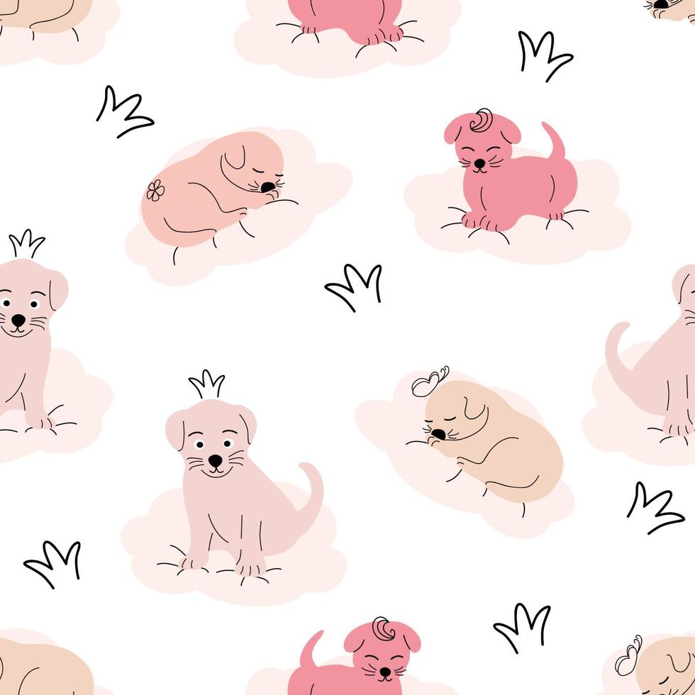 Cute sleeping puppy, clouds, stars, crown, butterflies Seamless pattern. Gentle colors. For newborns vector