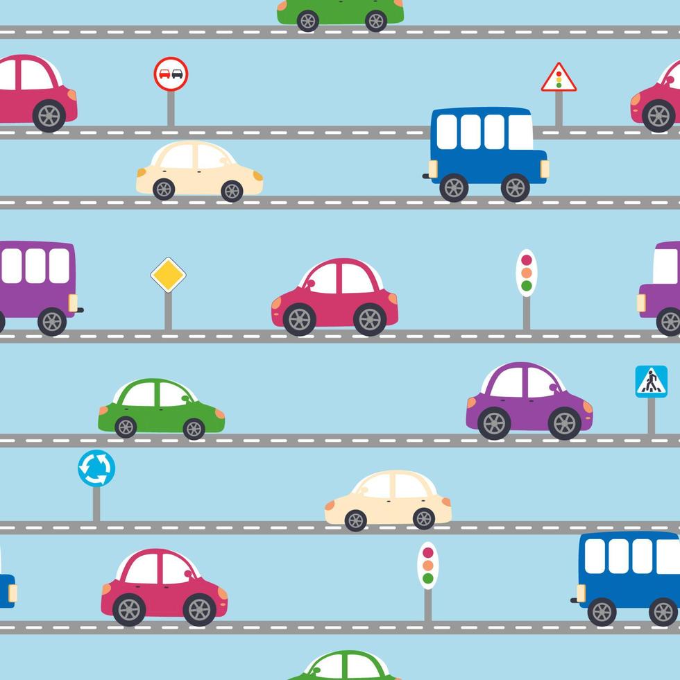 Cars, buses, trains, houses and roads, city seamless childish pattern vector