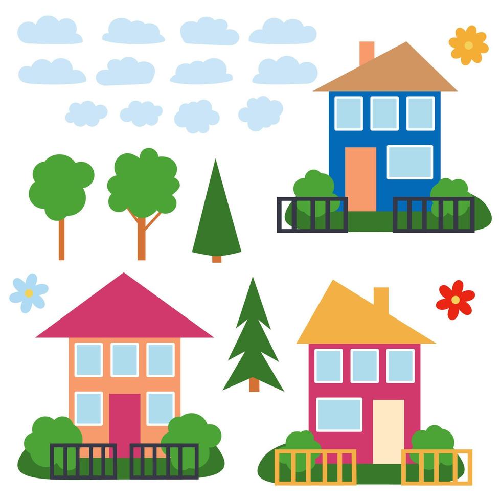 Set of cartoon houses. Village buildings, cottages stone housing. Design elements vector