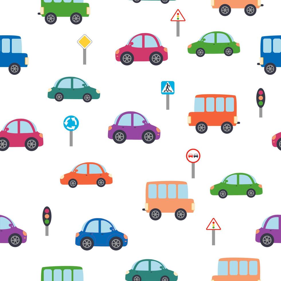 Cars, buses, trains, houses and roads, city seamless childish pattern vector