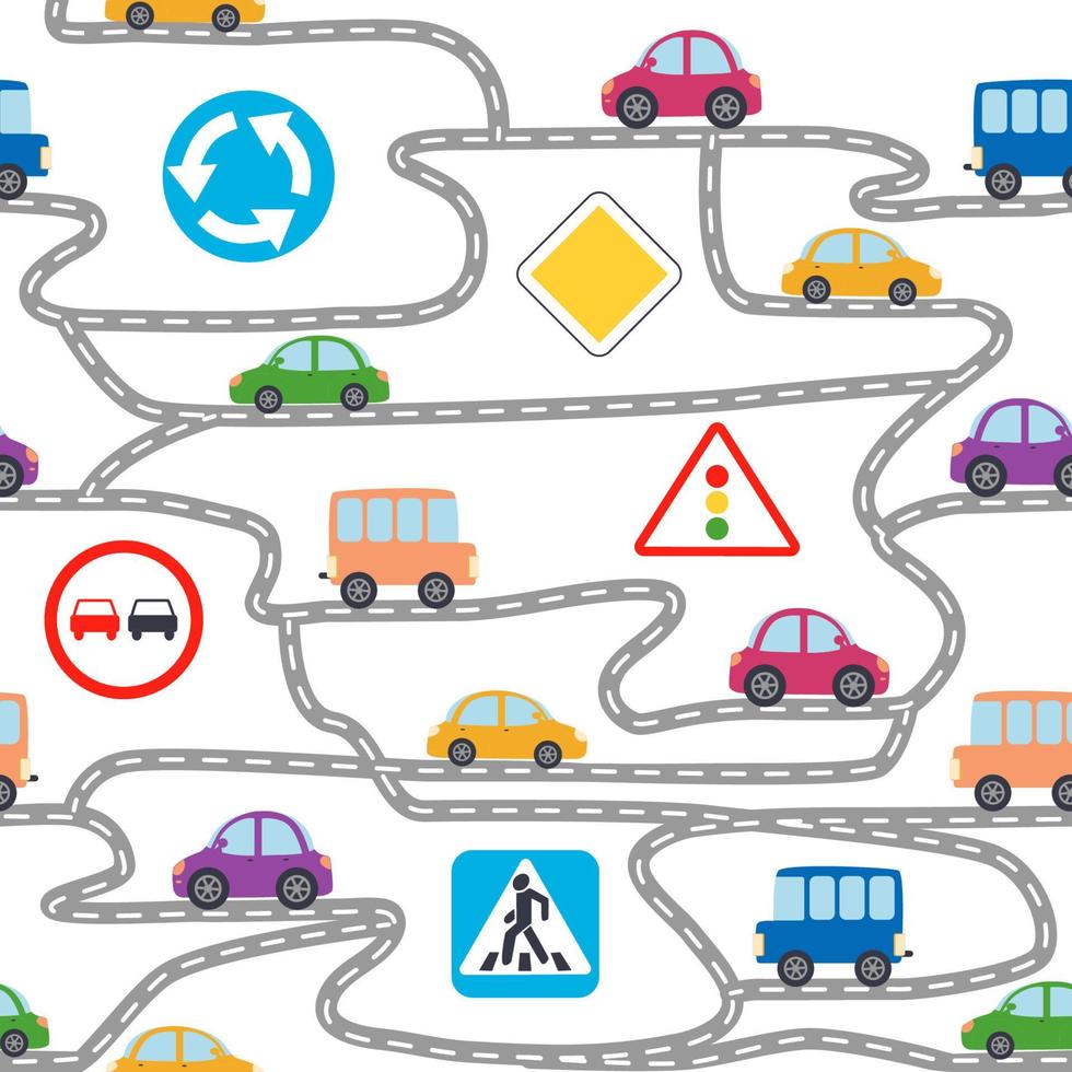 Cars, buses, trains, houses and roads, city seamless childish pattern vector