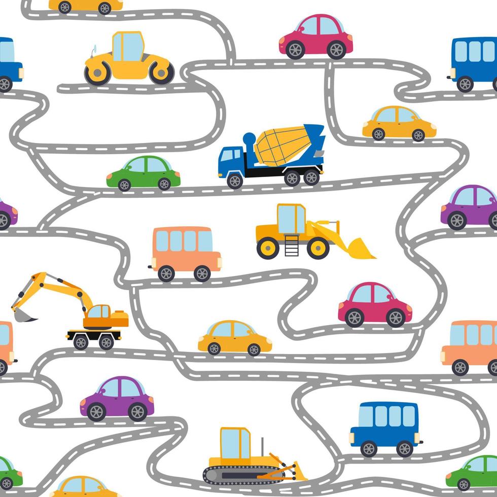 Cars, buses, trains, houses and roads, city seamless childish pattern vector