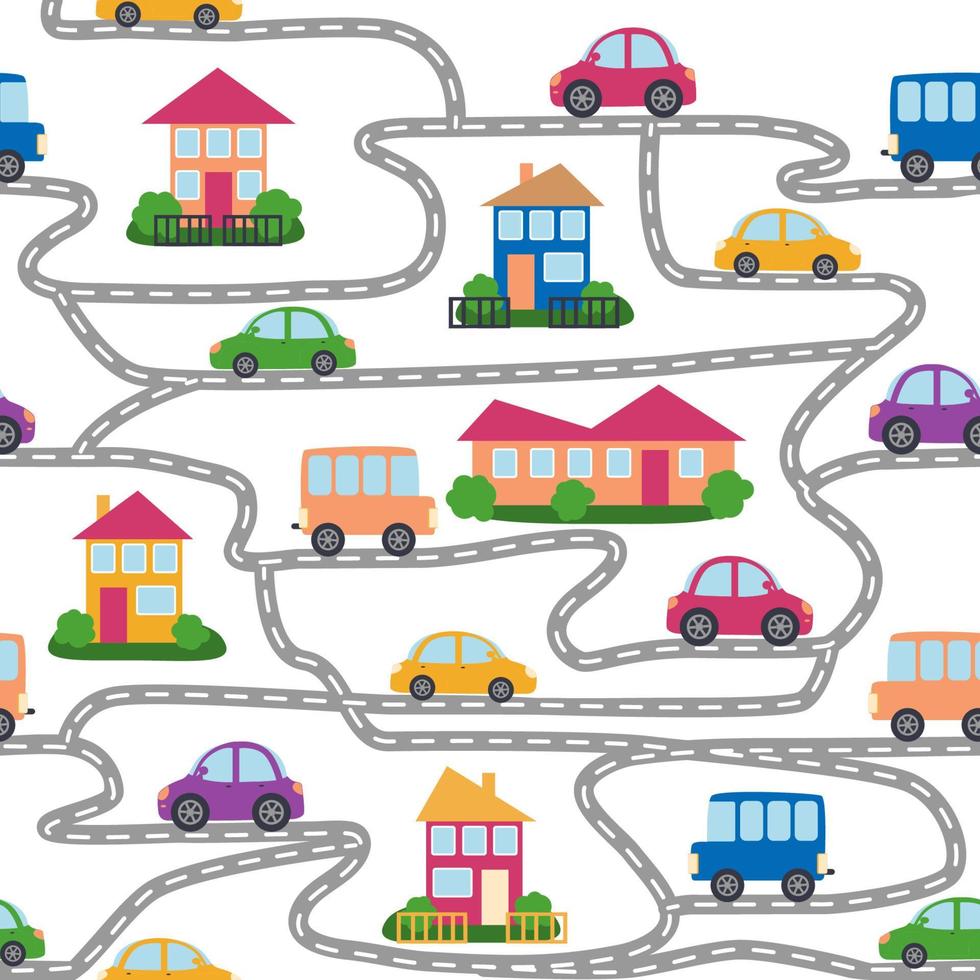 Cars, buses, trains, houses and roads, city seamless childish pattern vector