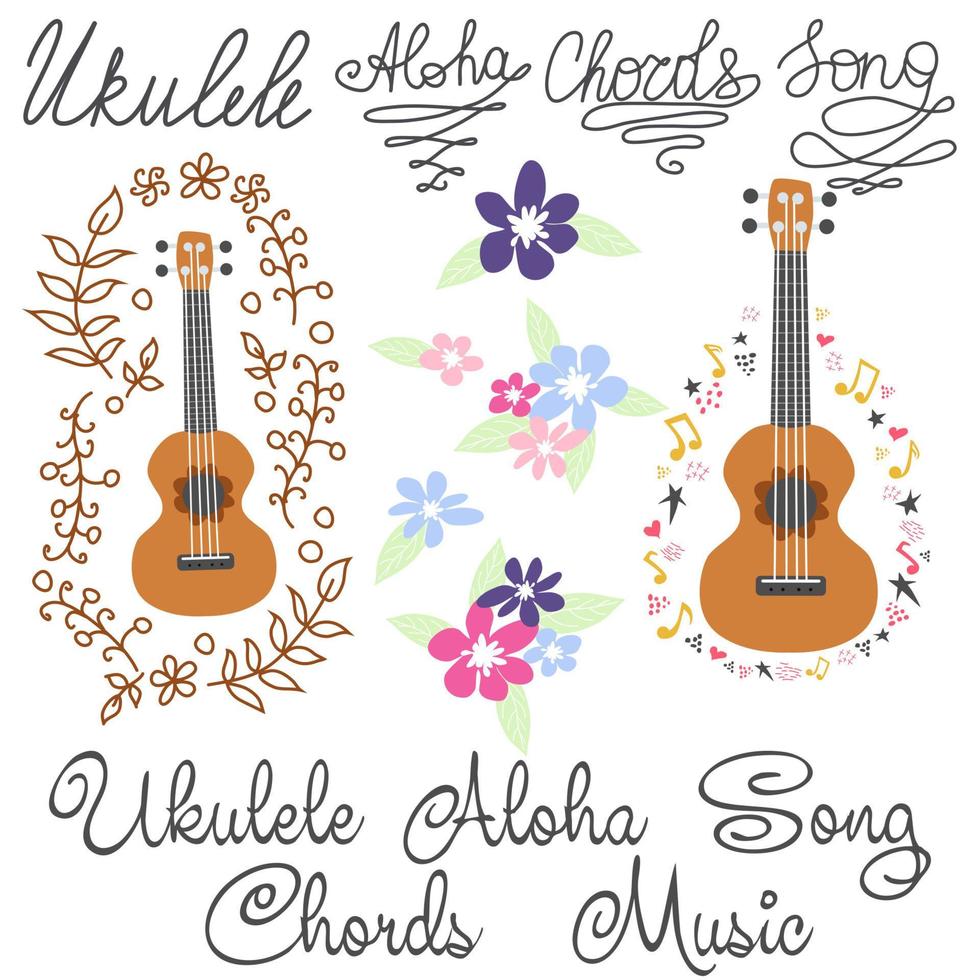 ukelele, ukelele conjunto con monstruo, hojas, flores, notas, inscripciones vector