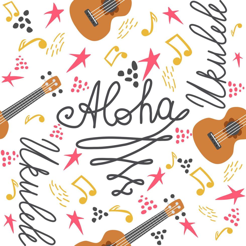 ukelele sin costura patrón, ukelele modelo con monstruo, hojas, flores, notas, inscripciones vector