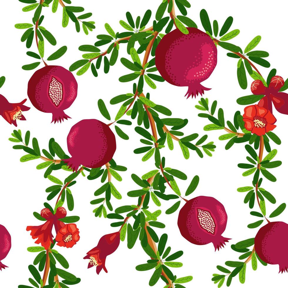 Pomegranate branches with fruits and flowers Seamless pattern. Bright leaves and fruits. Jewish New Year vector