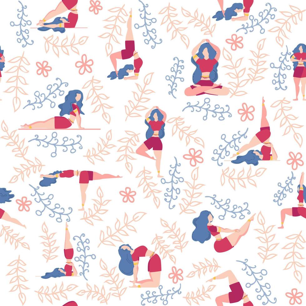 Yoga seamless pattern woman is engaged. Yoga poses, lotus, monstera. Health of mind and body vector
