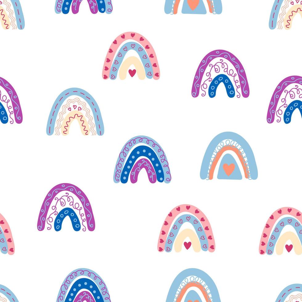 Seamless pattern graceful rainbows in boho colors. Scandinavian baby hand style for newborns. vector