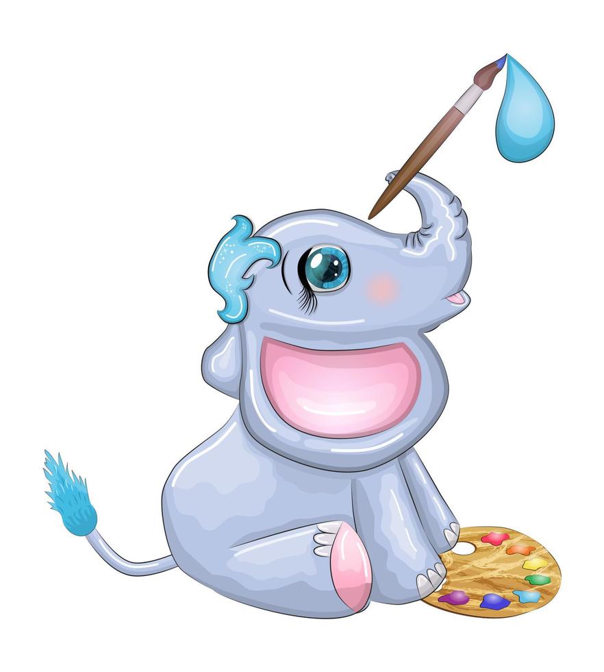 Cute cartoon elephant, child character with beautiful eyes with paints and brush, artist vector