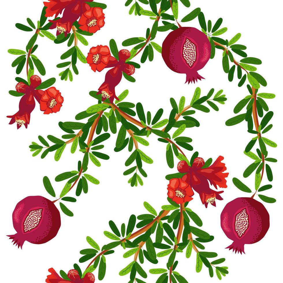 Pomegranate branches with fruits and flowers Seamless pattern. Bright leaves and fruits. Jewish New Year vector