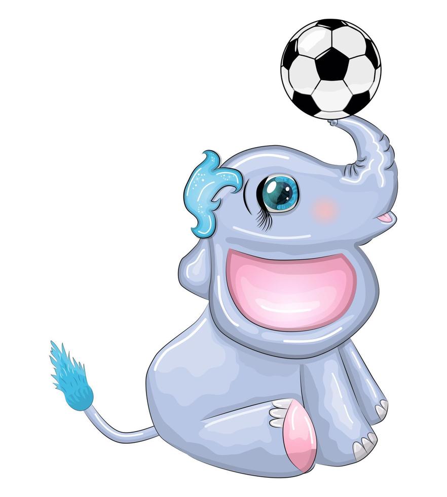 Cute cartoon elephant, children's character with beautiful eyes with a soccer ball, games for children and adults vector