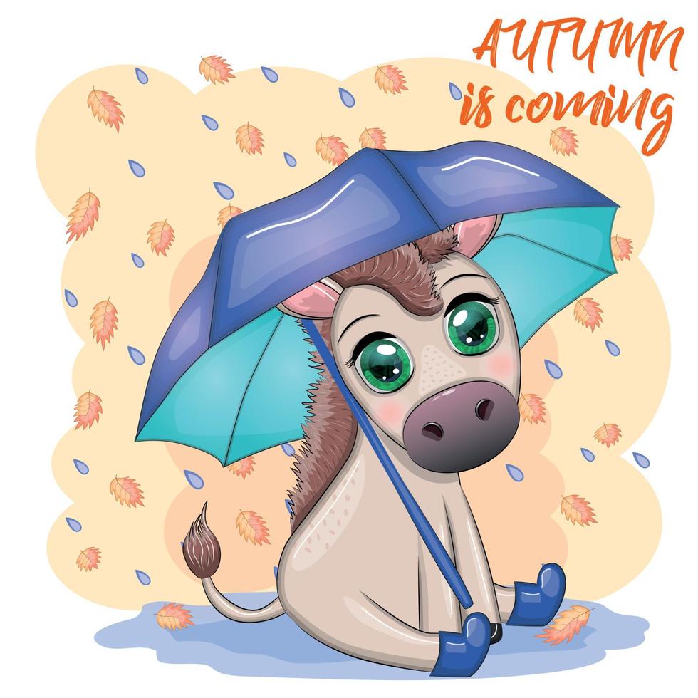 Cute donkey with umbrella, autumn is coming theme vector