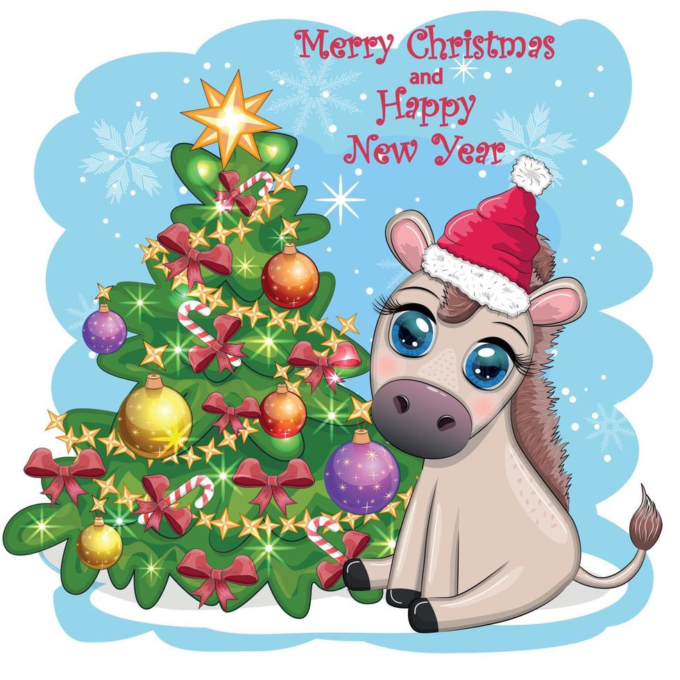 Cute donkey in santa hat with balloon, gift, candy kane near the christmas tree. Postcard for Christmas vector