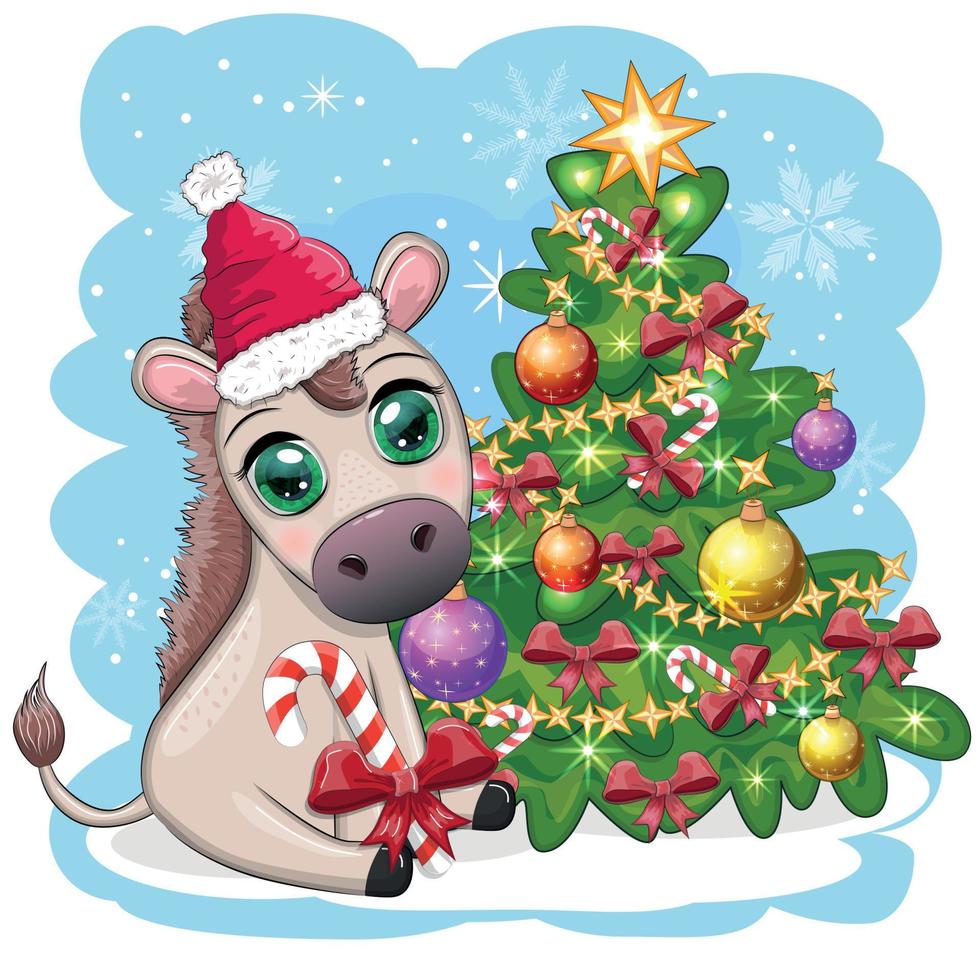 linda Burro en Papa Noel sombrero con globo, regalo, caramelo Kane cerca el Navidad árbol. tarjeta postal para Navidad vector