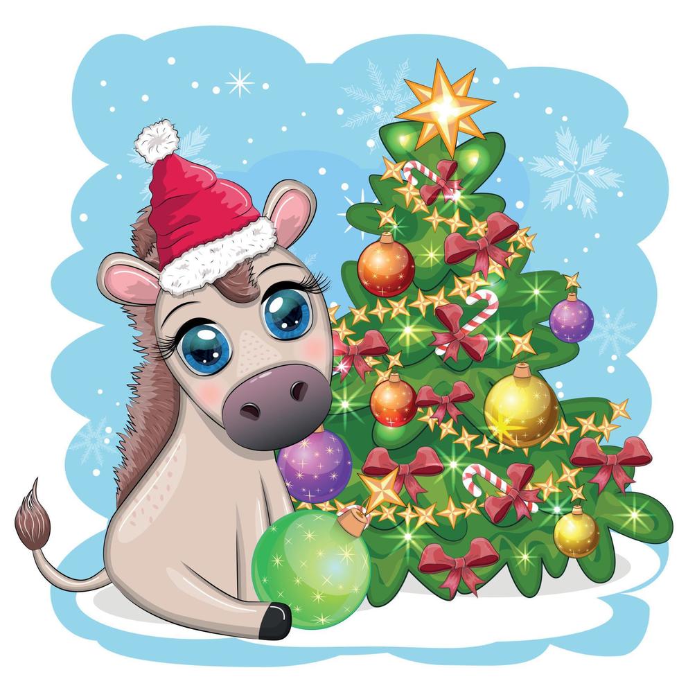 Cute donkey in santa hat with balloon, gift, candy kane near the christmas tree. Postcard for Christmas vector