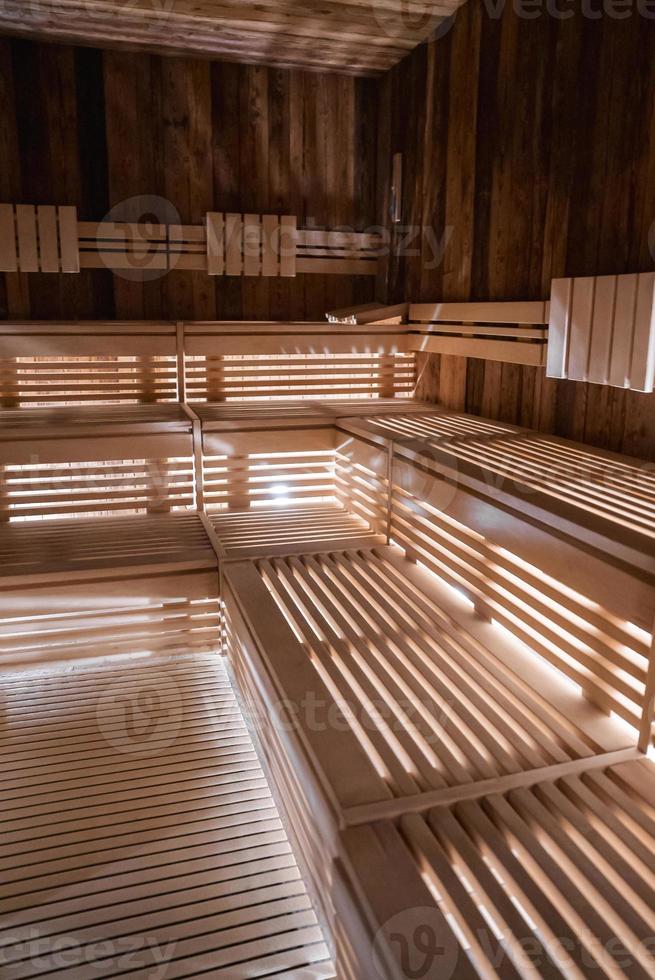 Interior of empty finnish sauna room with wooden wall and benches photo