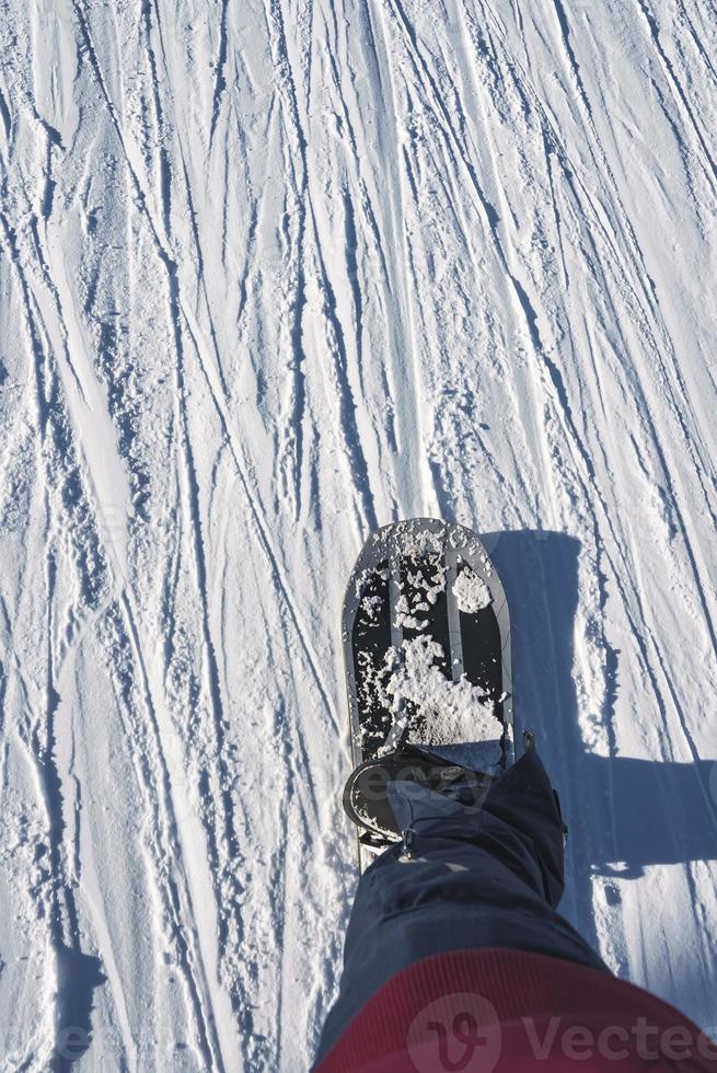 Low section of skier wearing boots and ski standing on snowy land photo