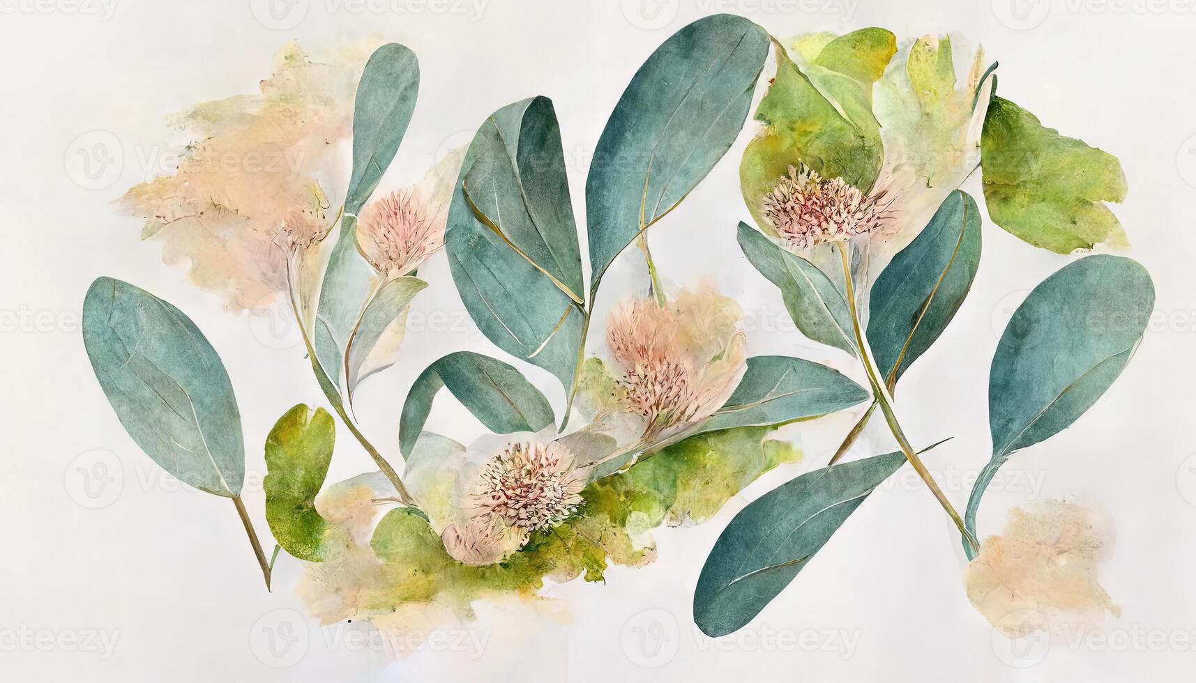 watercolor Eucalyptus leaves seamless border, Watercolor floral illustration, Greenery and jasmine. photo