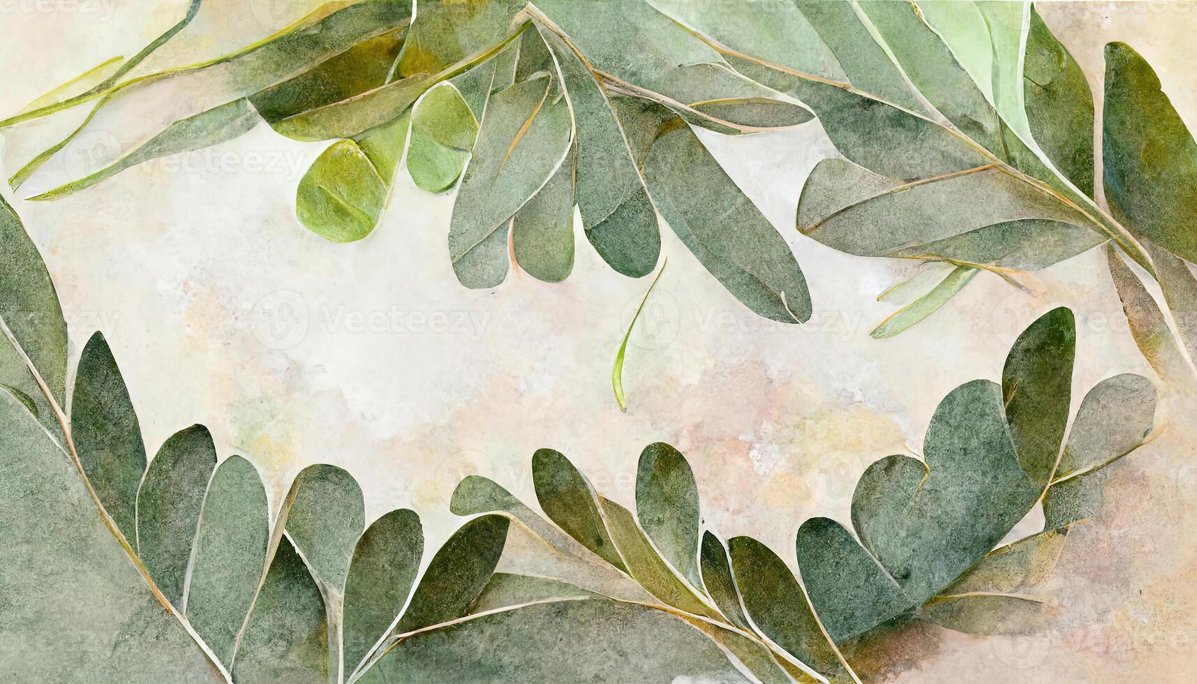 Awesome Eucalyptus leaves border, Watercolor illustration isolated on white, Greenery clipart for wedding. photo