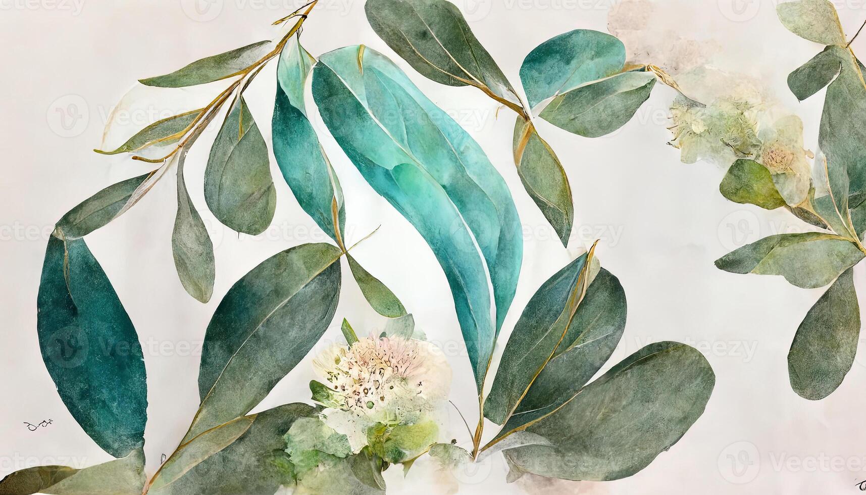 watercolor Eucalyptus leaves seamless border, Watercolor floral illustration, Greenery and jasmine. photo