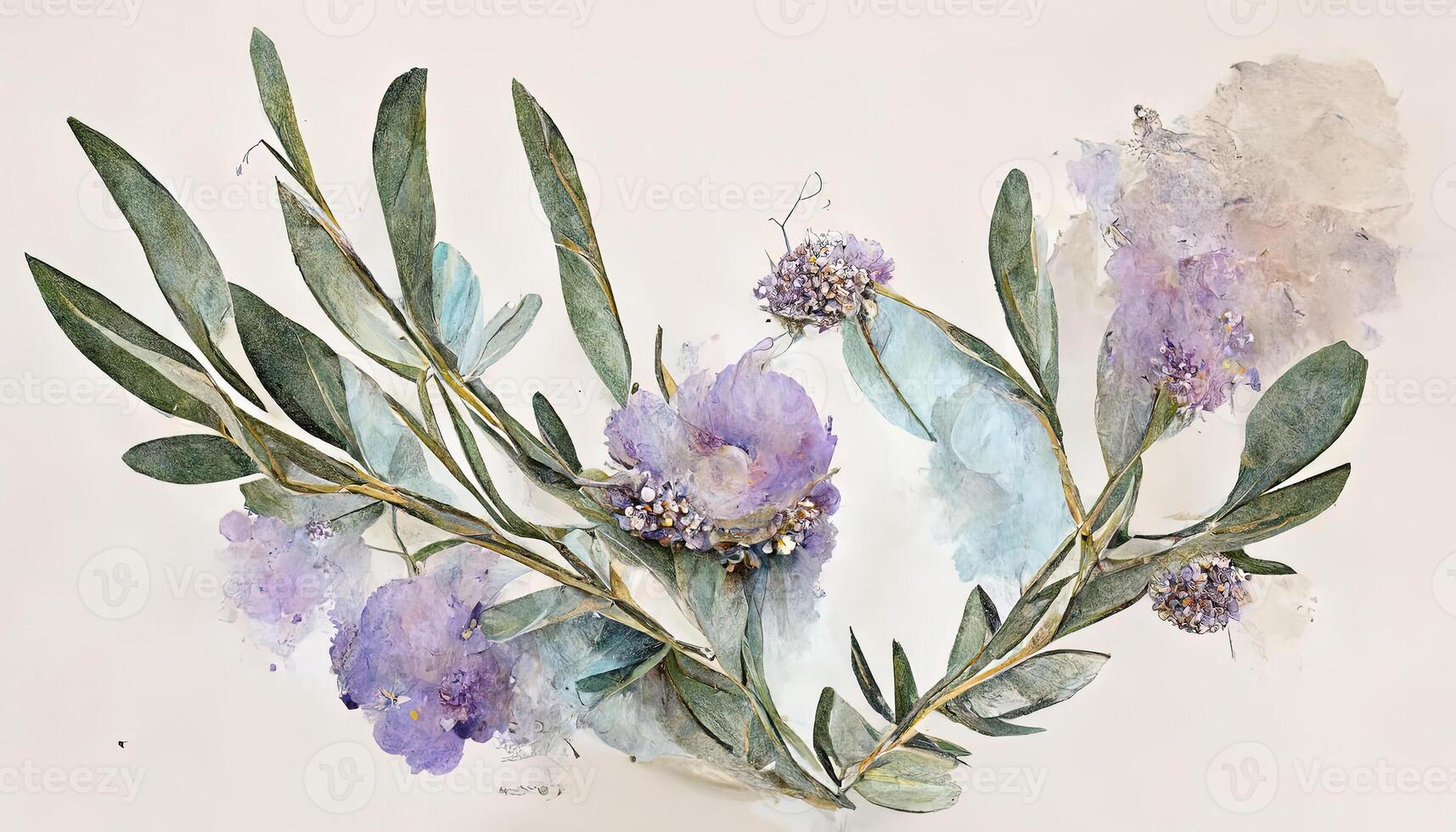 Excellent Lavender eucalyptus leaves, sage, and olive branches make up this flower frame from a digital watercolor painting. photo
