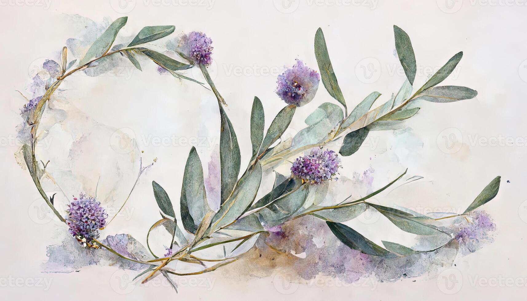 Amazing Lavender flowers and eucalyptus branches isolated on white, Floral wreath, Watercolor illustration. photo