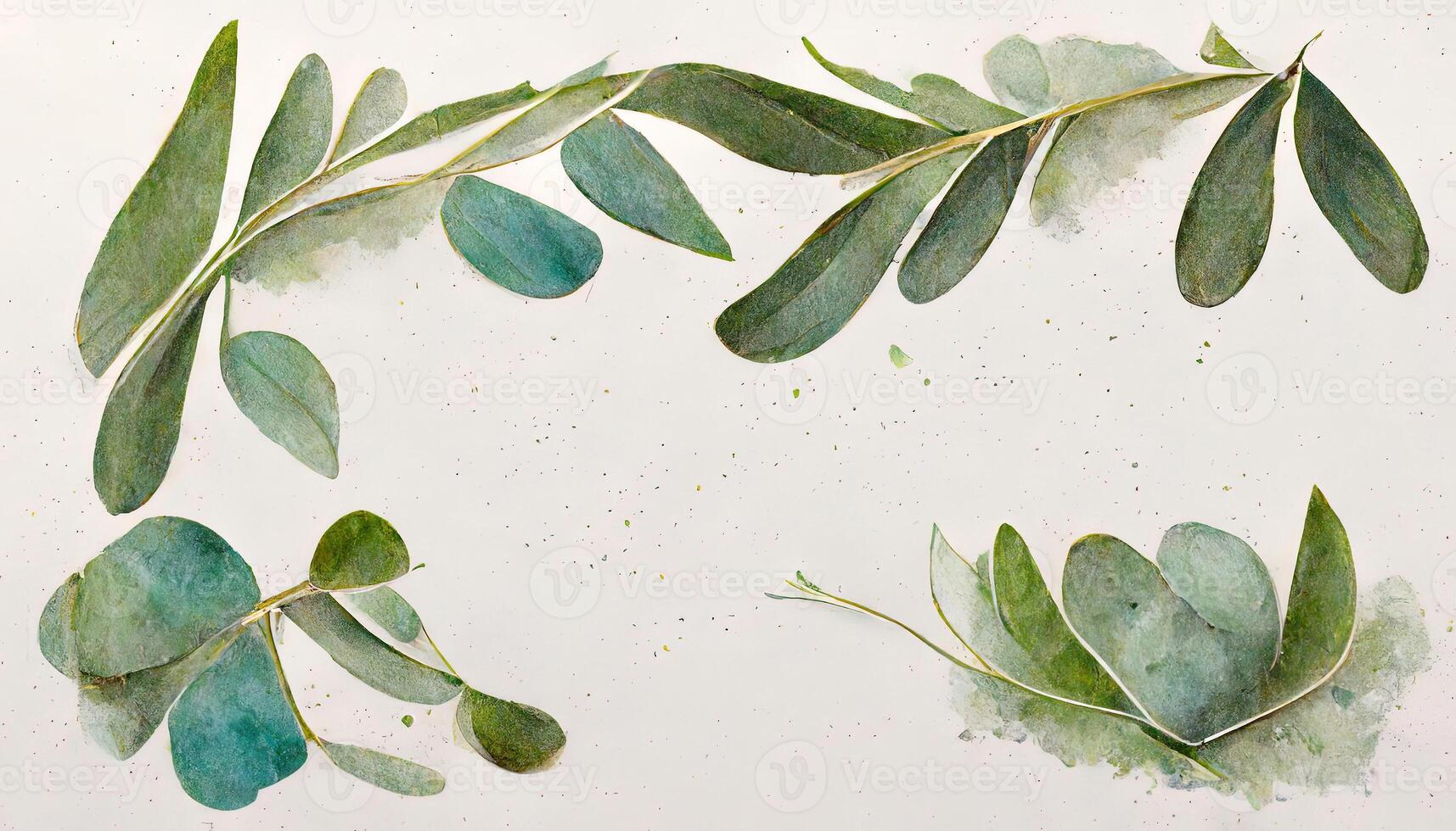 Wonderful Eucalyptus leaves border, Watercolor illustration isolated on white, Greenery clipart for wedding. photo