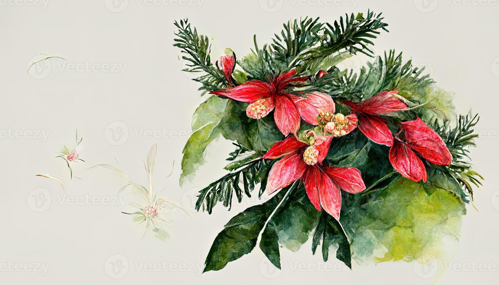 Vintage Christmas greeting card, invitation. Watercolor floral garland made of fir tree and eucalyptus branches. photo