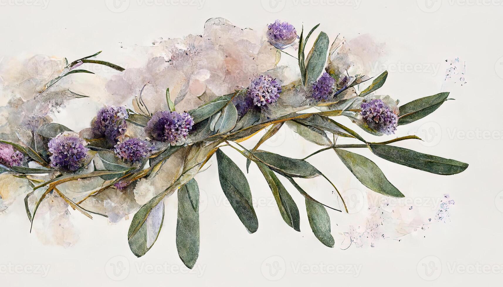 Amazing Lavender flowers and eucalyptus branches isolated on white, Floral wreath, Watercolor illustration. photo