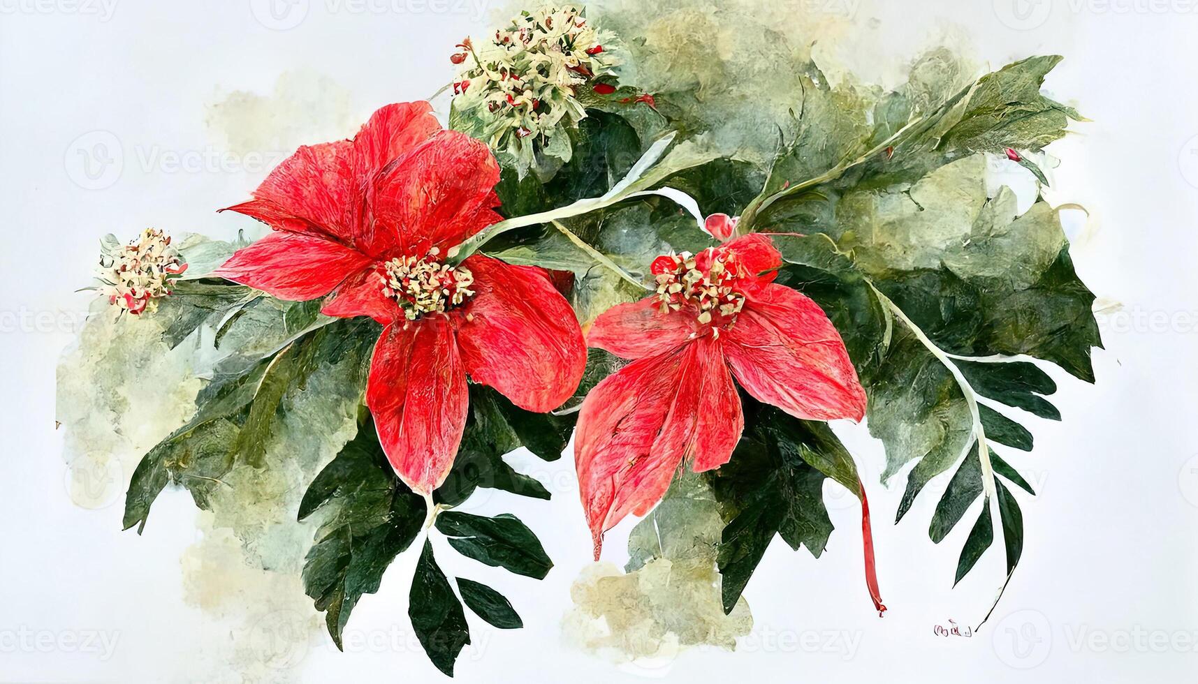 Vintage Christmas greeting card, invitation. Watercolor floral garland made of fir tree and eucalyptus branches. photo