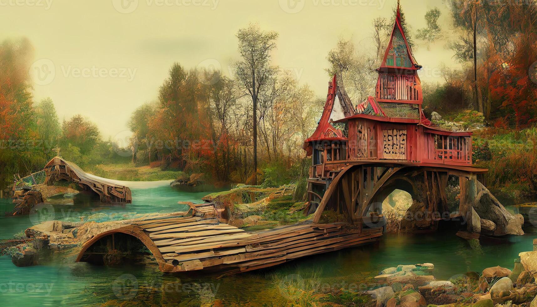 Fantasy tree house. fairytale fantasy landscape, tree house. 3d-render, raster illustration. photo