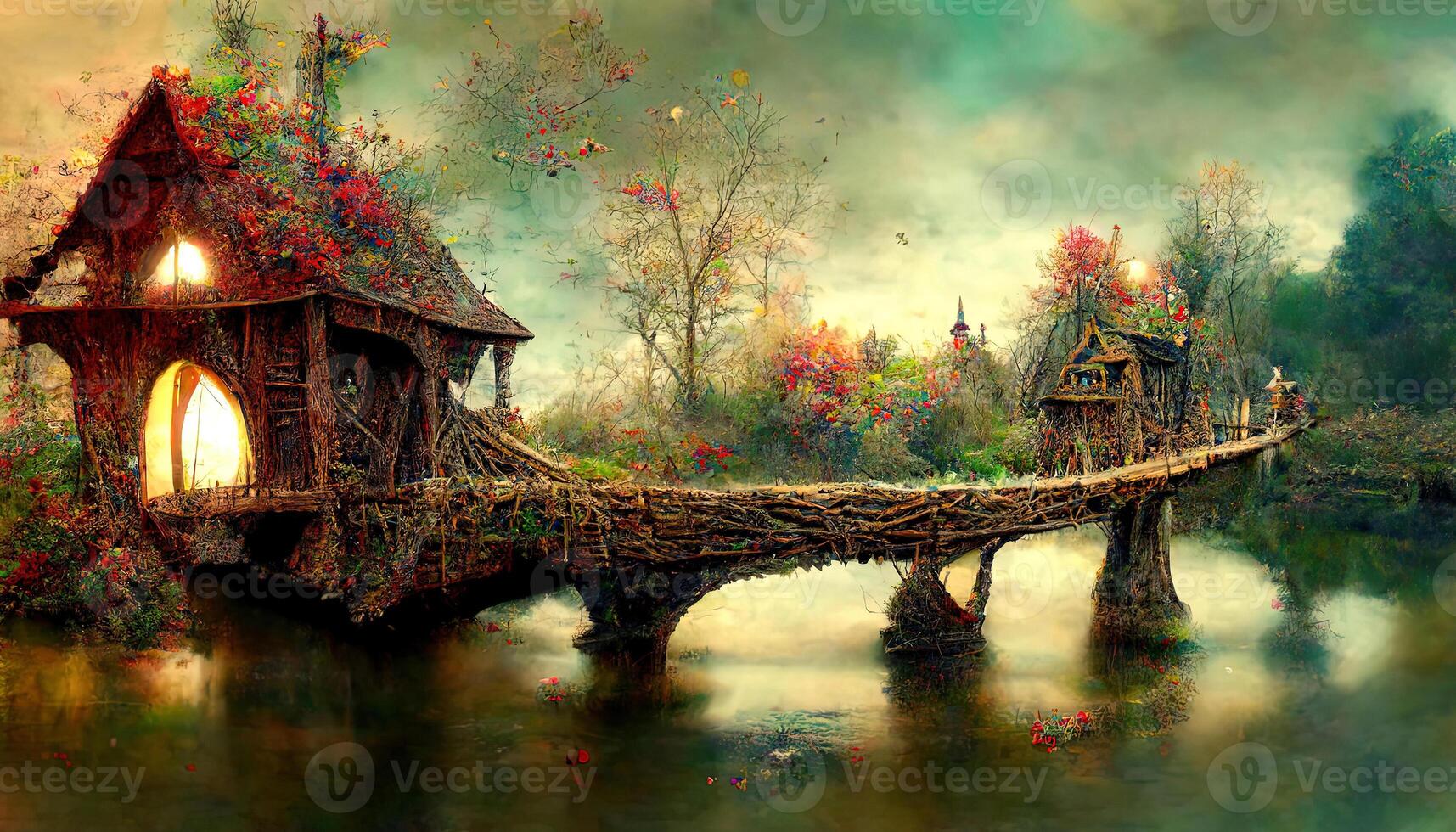 Wonderful Fairy house on the river and wooden bridge, Photomanipulation, 3D redering, Detailed, colored. photo