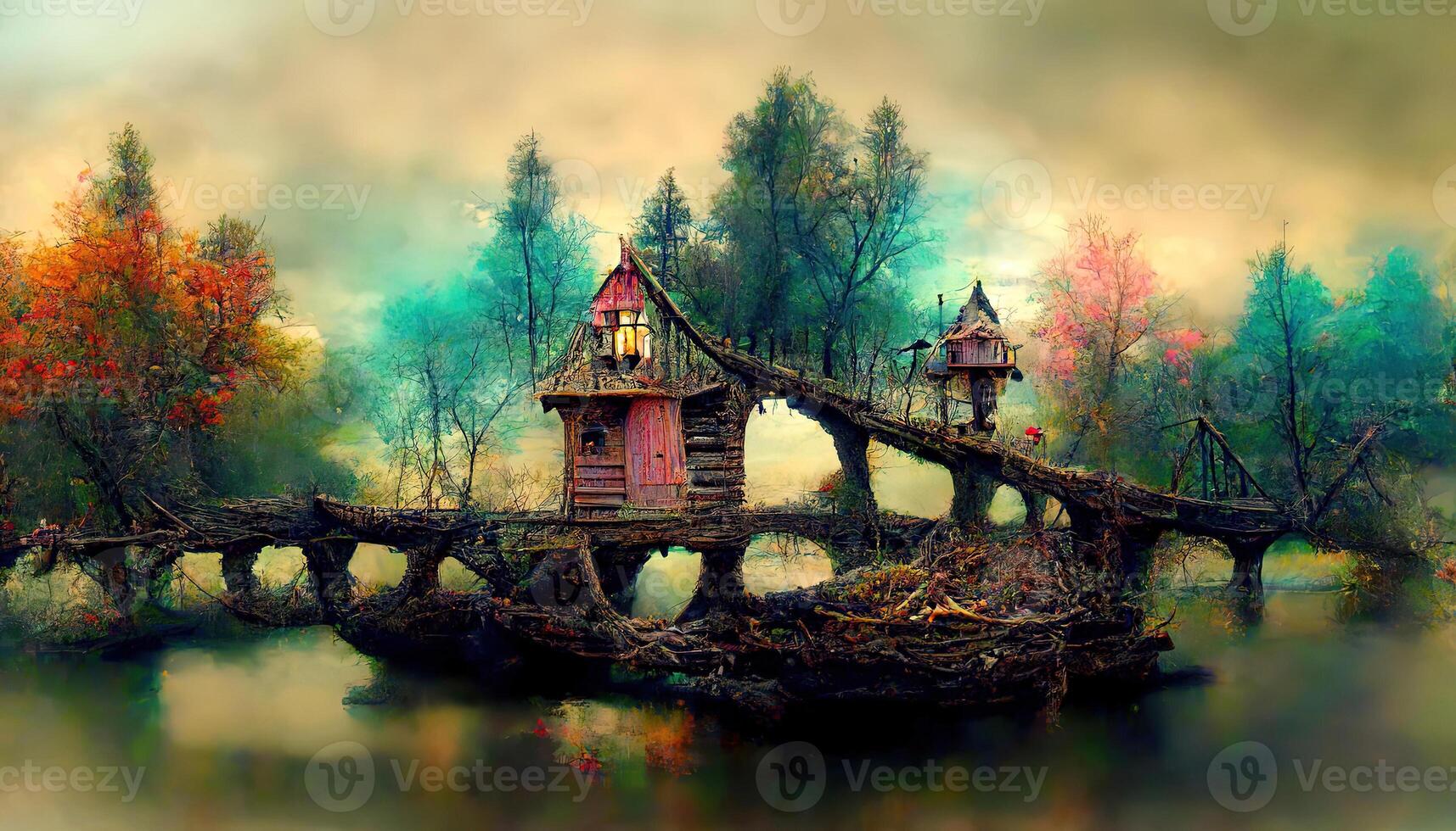 maravilloso hada casa en el río y de madera puente, manipulación de foto, 3d redirigir, detallado, de colores. generativo ai foto