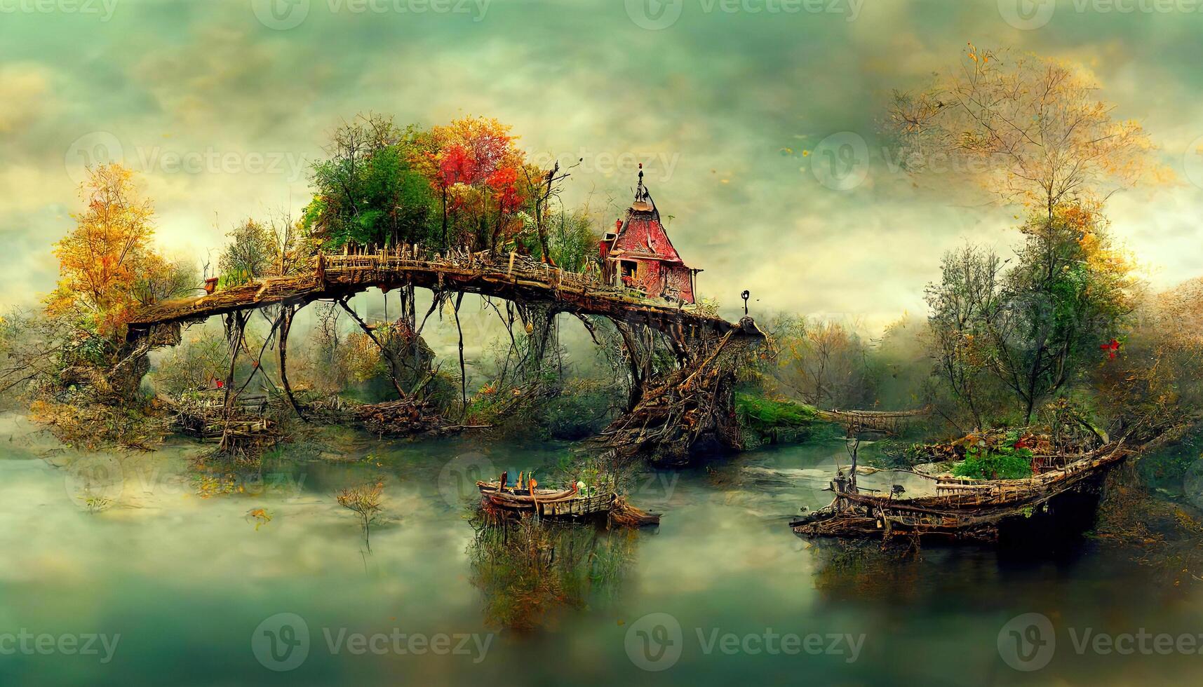 Fantastic night landscape with flying islands over the lake d render. photo