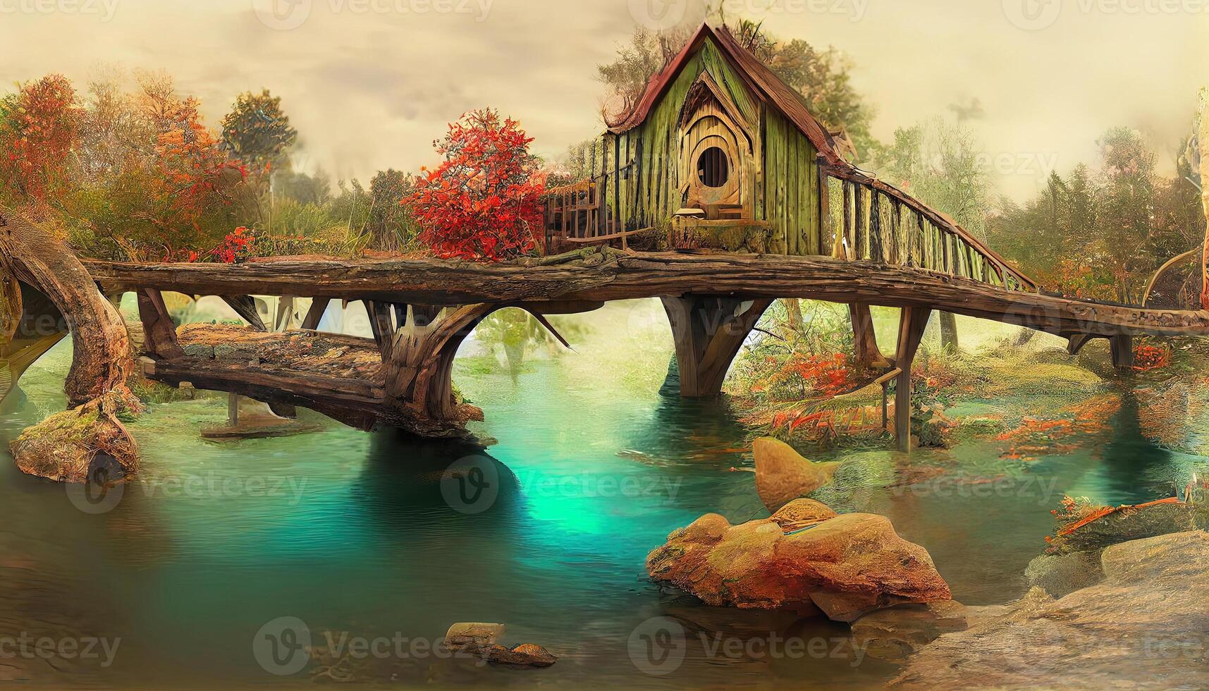 Fairy house on the river and wooden bridge, Photomanipulation, 3D redering, Detailed, colored. photo