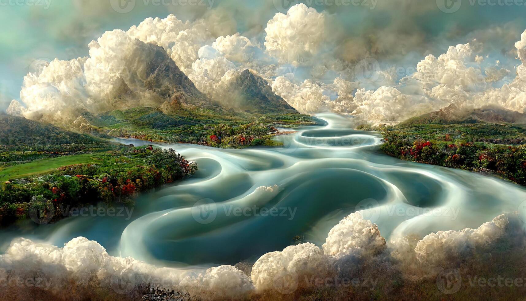 Amazing 3d illustration image of mountain river water and cloud, Detailed, colored. photo