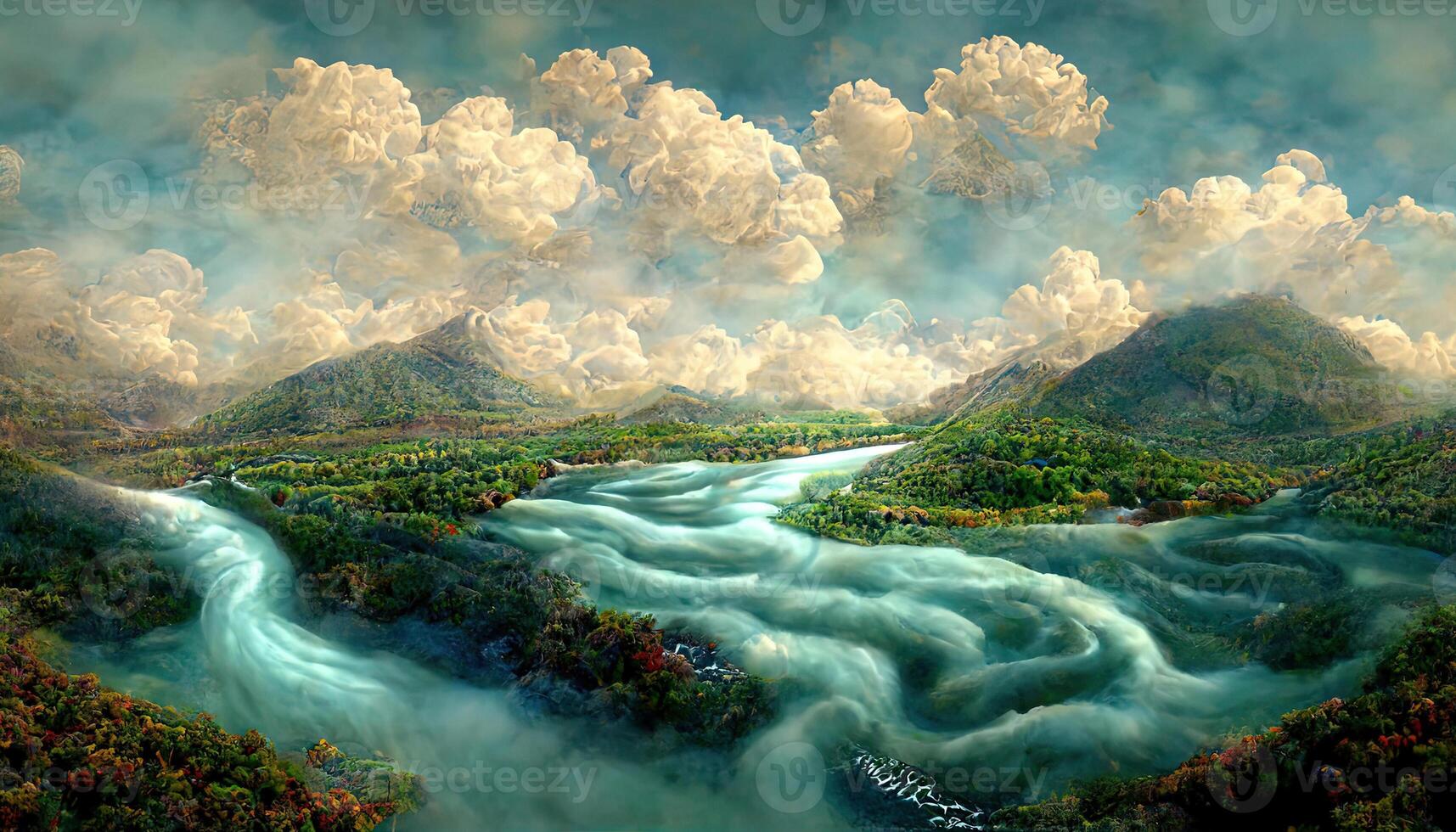 Fabulous landscape of the river in the mountains warm sunset light panorama. photo