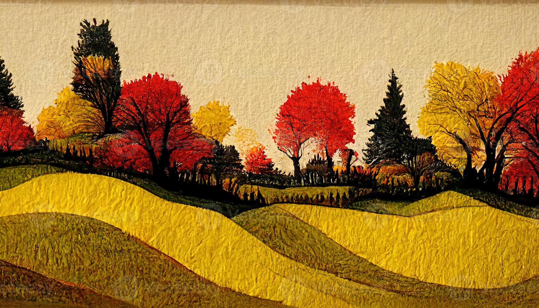 excelente otoño campo paisaje con amarillo, rojo arboles en papel cortar 3d estilo. generativo ai foto