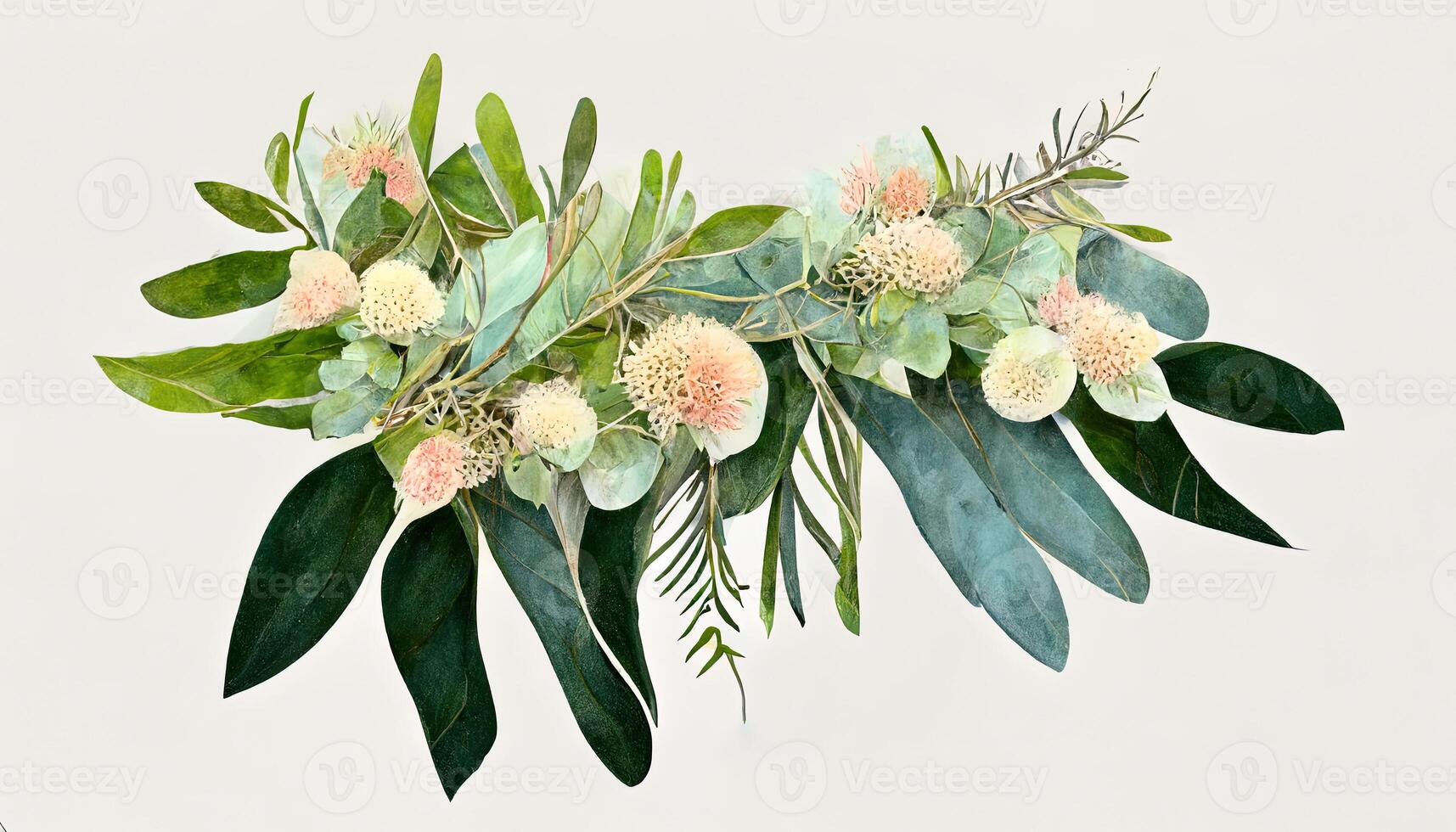 Watercolor eucalyptus flower arrangement, Greenery branches and jasmine flowers clipart. photo