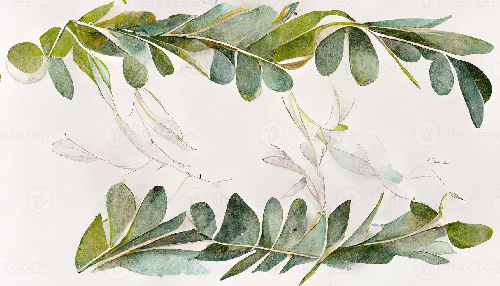 Attractive Eucalyptus leaves border, Watercolor illustration isolated on white, Greenery clipart for wedding. photo