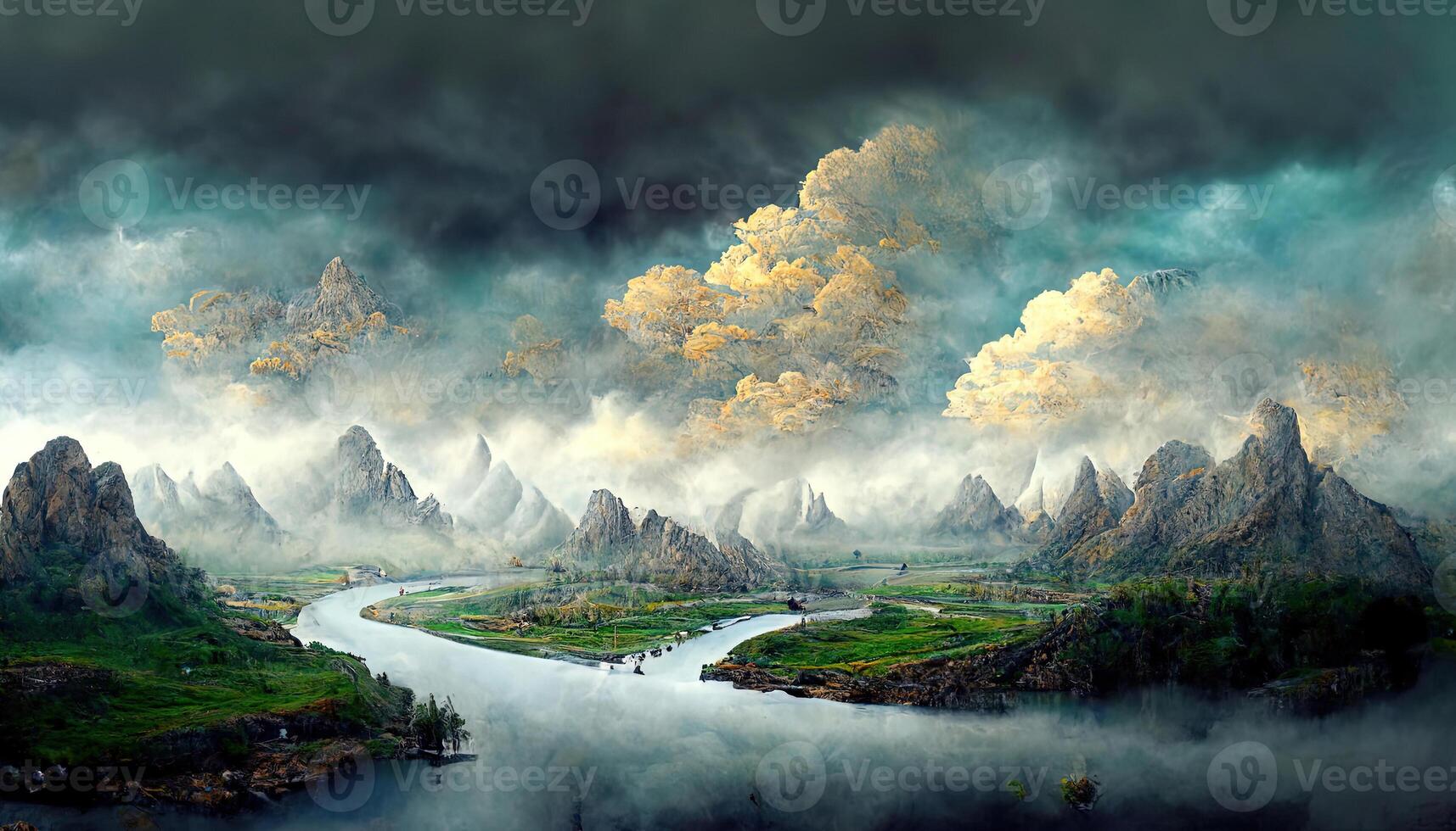 Breathtaking scenery of the snow-capped mountains under a scenic cloudy sky. photo