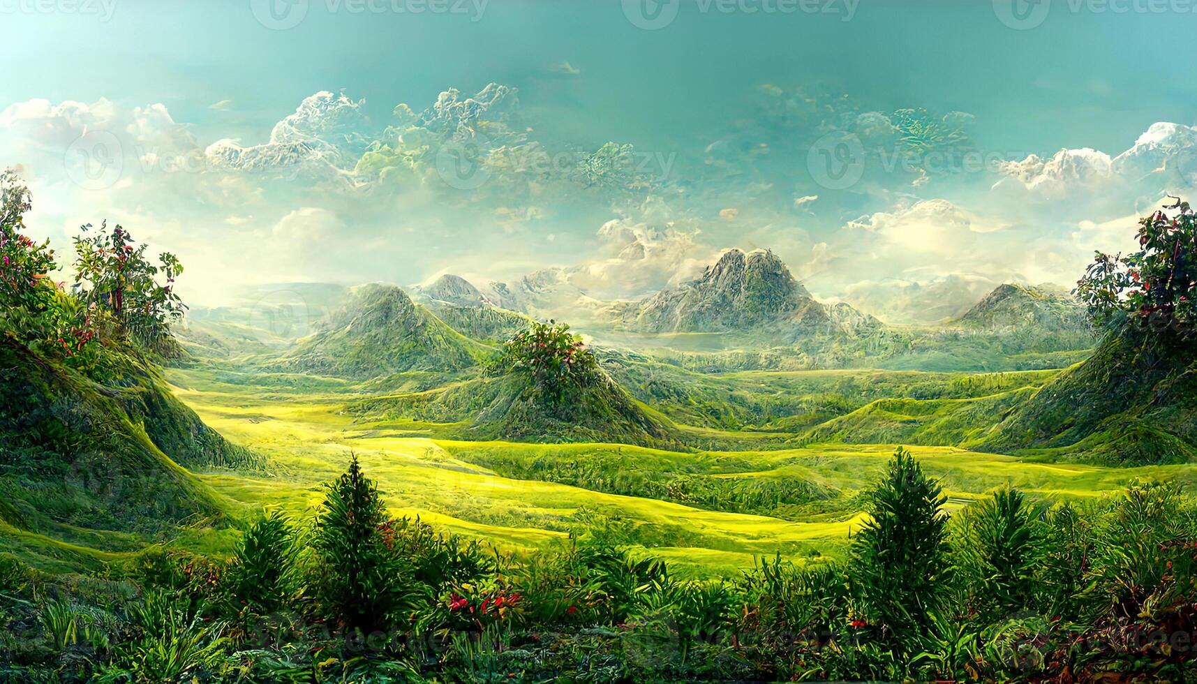 Summer forest with a house with trees, green grass under a blue sky 3d illustration. photo