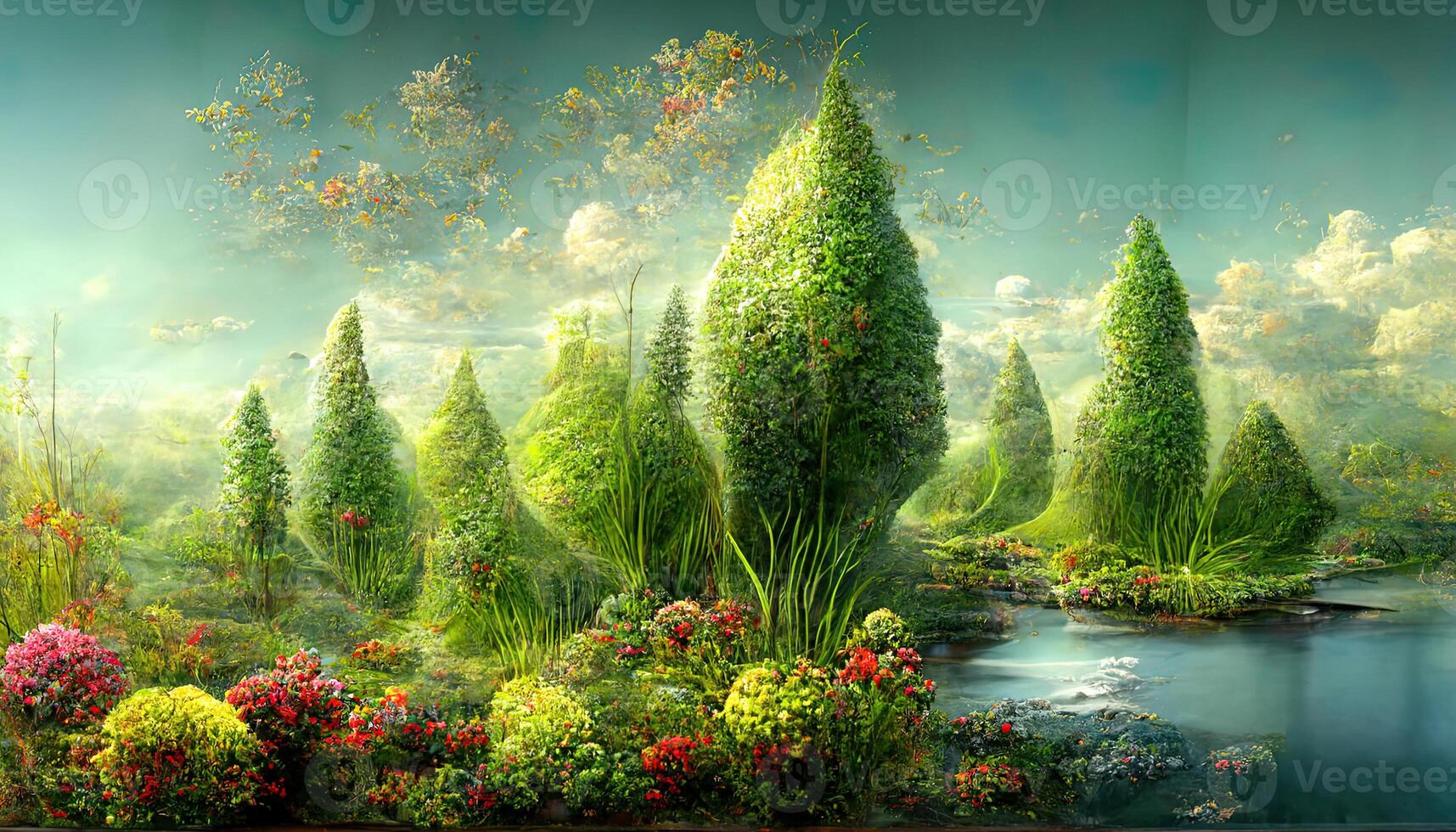 Podium backdrop for product display with green mountain landscape 3d render. photo