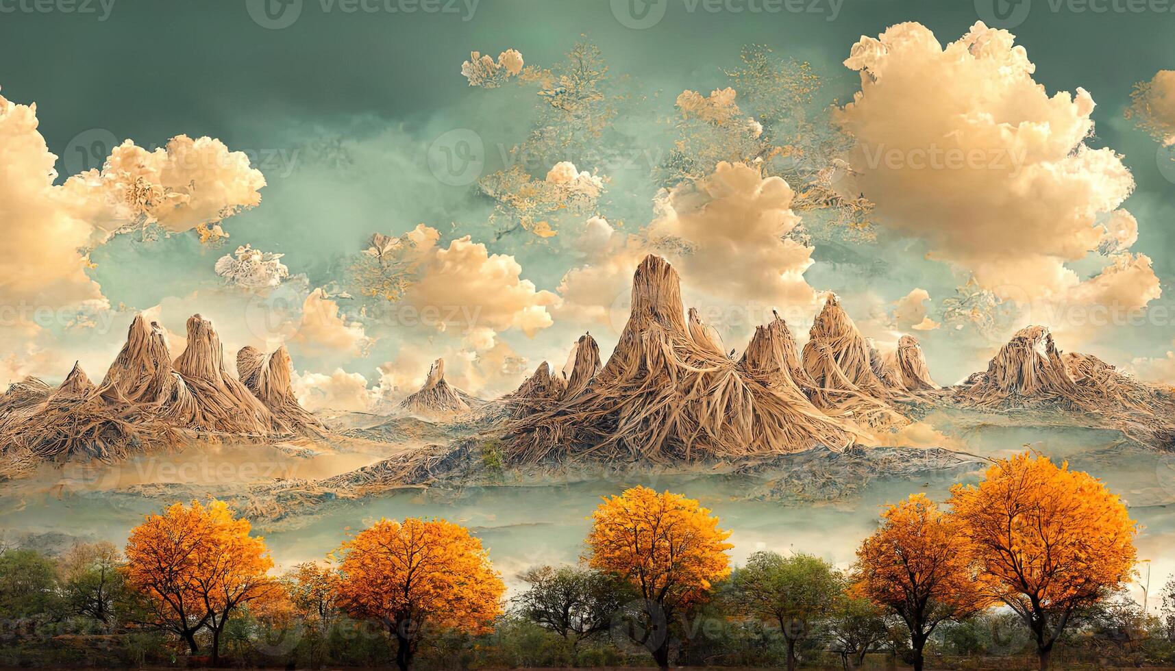 Landscape scene illustration digital painting with greenery mountains hills. photo