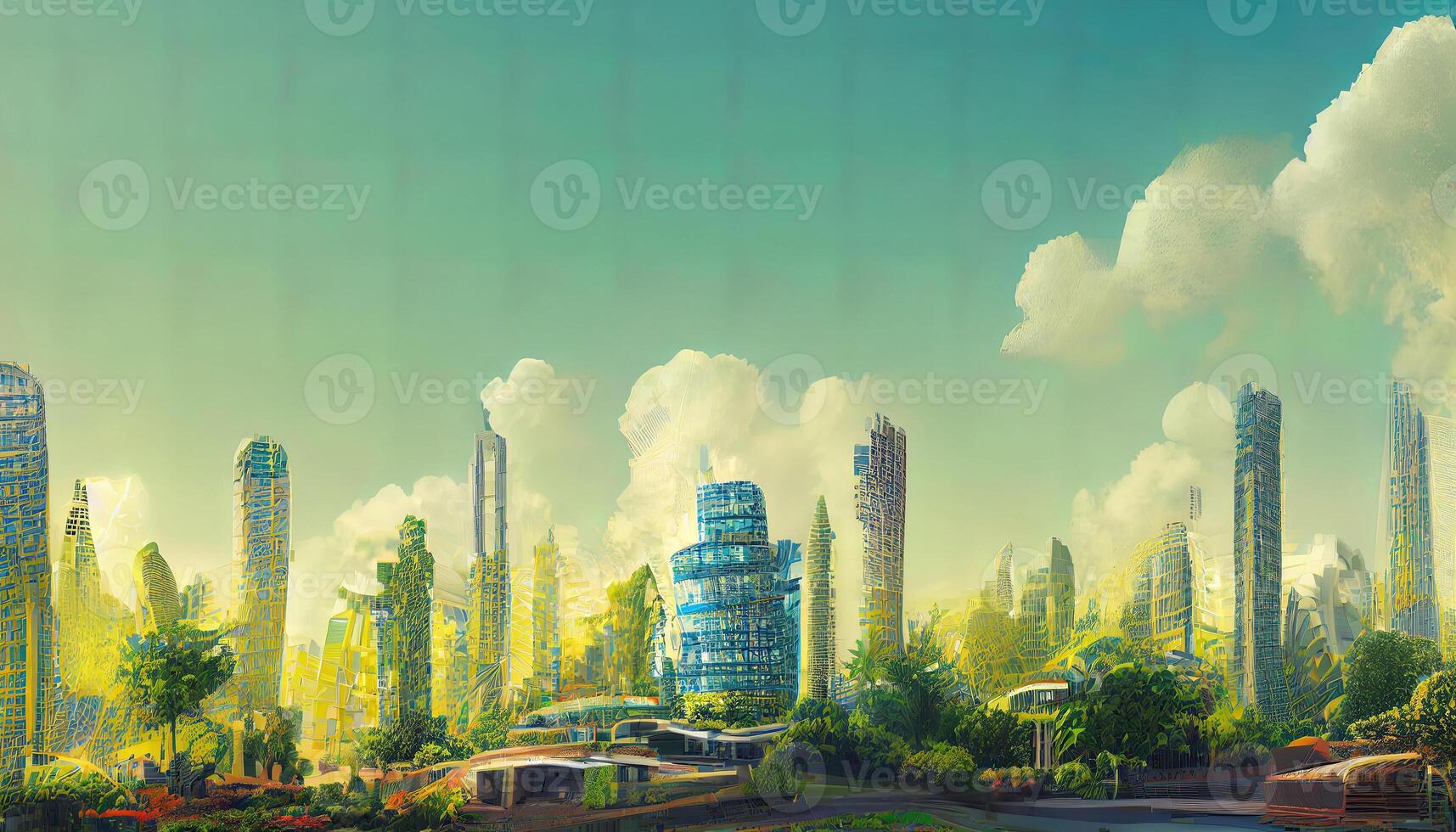 3D Illustration futuristic environmental city architecture with building covered in vegetation and high rise structures in a sunny day. photo