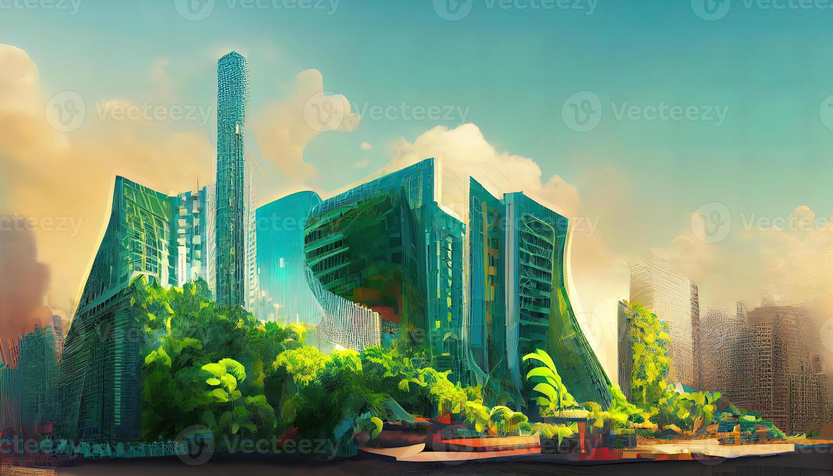 3D Illustration futuristic environmental city architecture with building covered in vegetation and high rise structures in a sunny day. photo