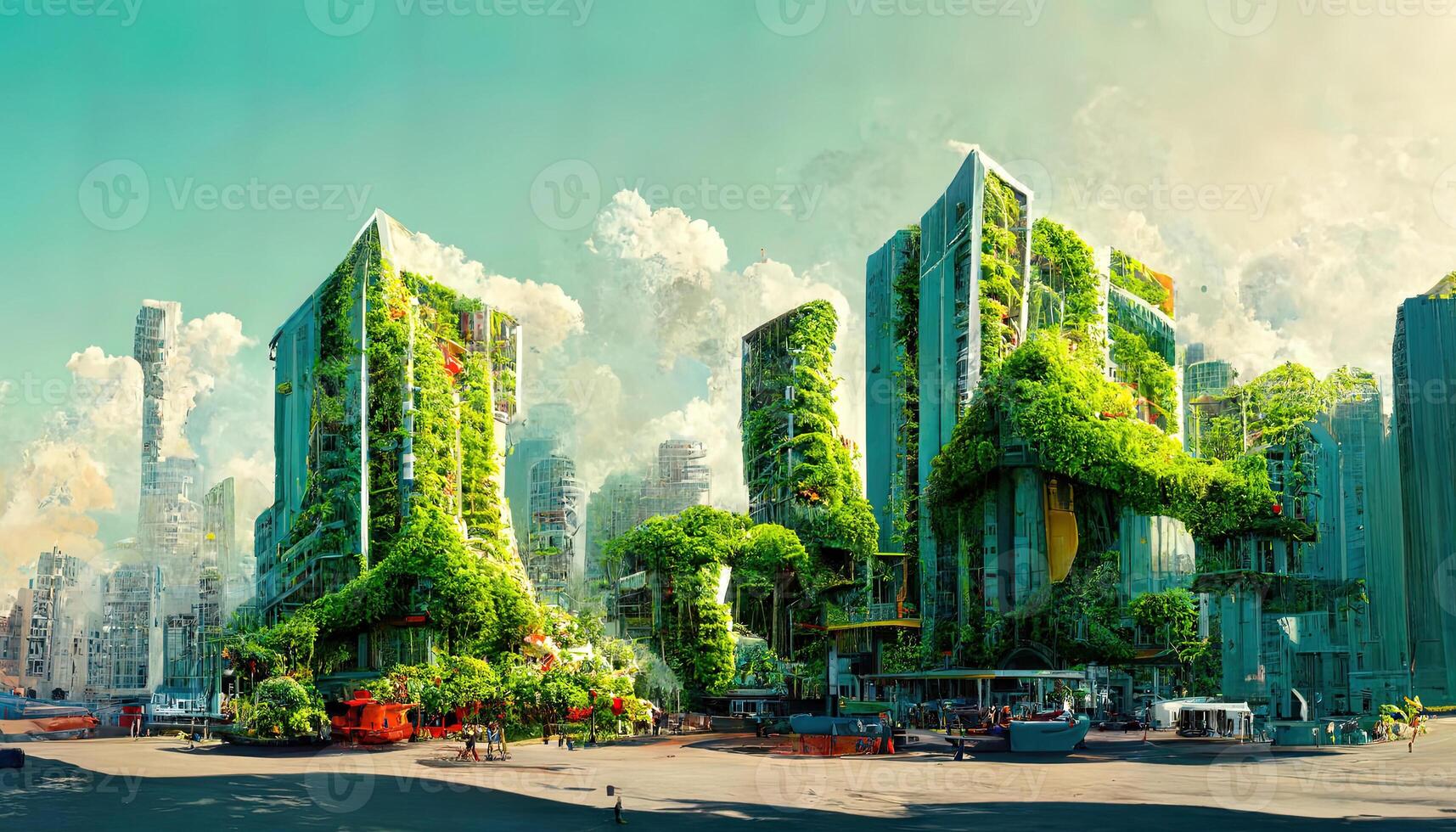 Spectacular digital art 3d illustration eco futuristic city abundant in trees. photo